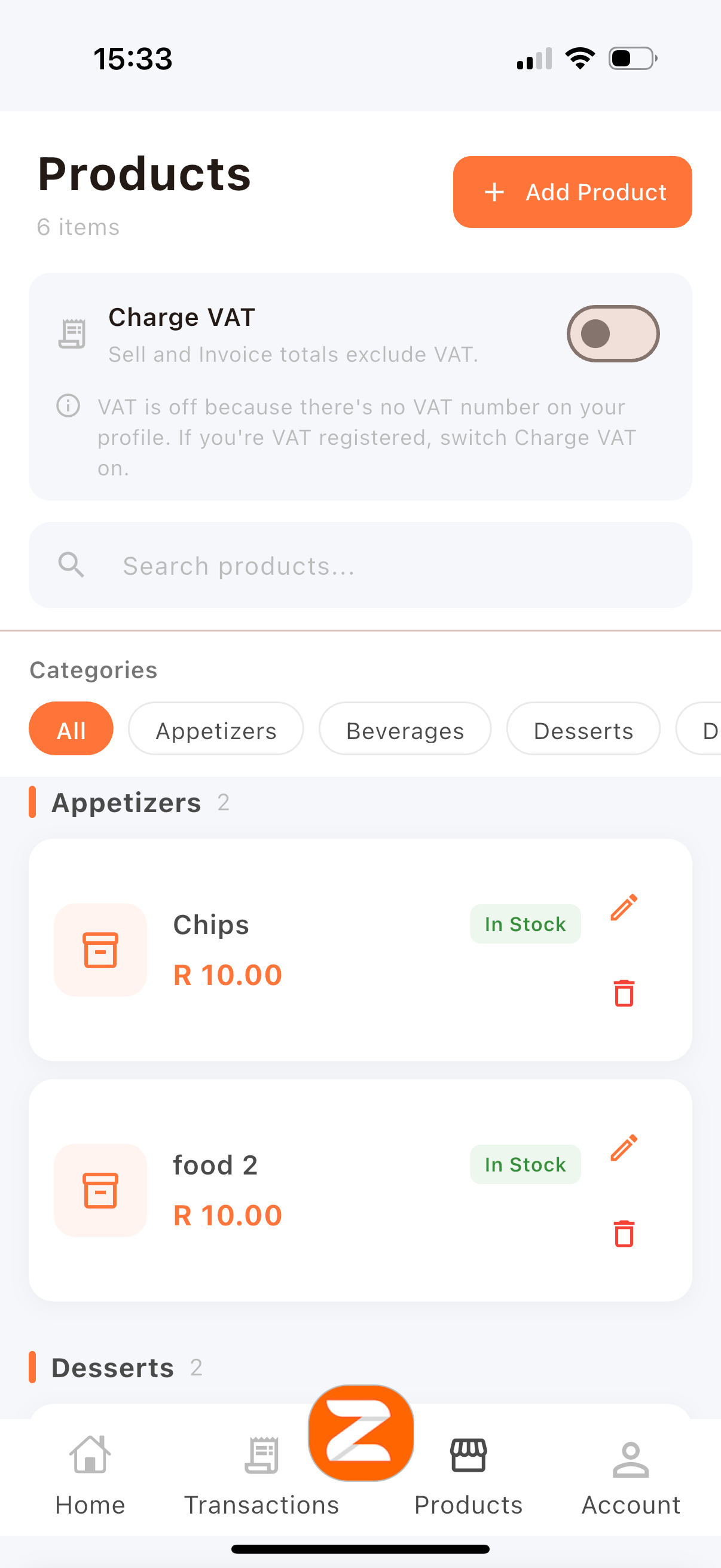 Products and stock screen in the Zak Pay app